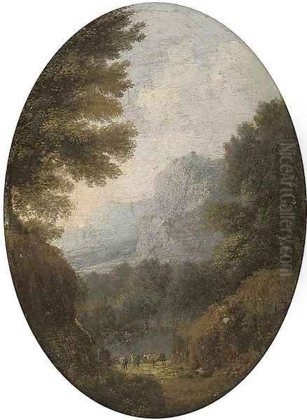 A mountainous landscape with cattle; and A river valley landscape with a bridge Oil Painting by Giuseppe Zais