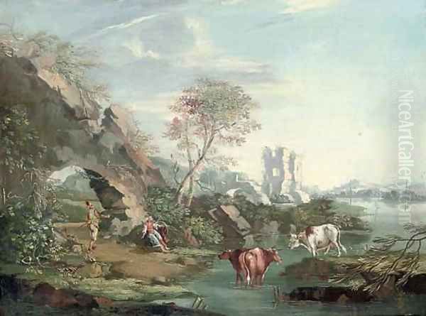 A river landscape with drovers and their cattle resting by an arch Oil Painting by Giuseppe Zais