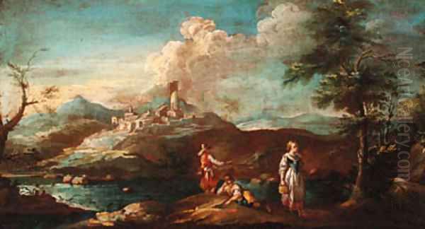 A river landscape with fishermen and a maid on a bank, a town beyond Oil Painting by Giuseppe Zais