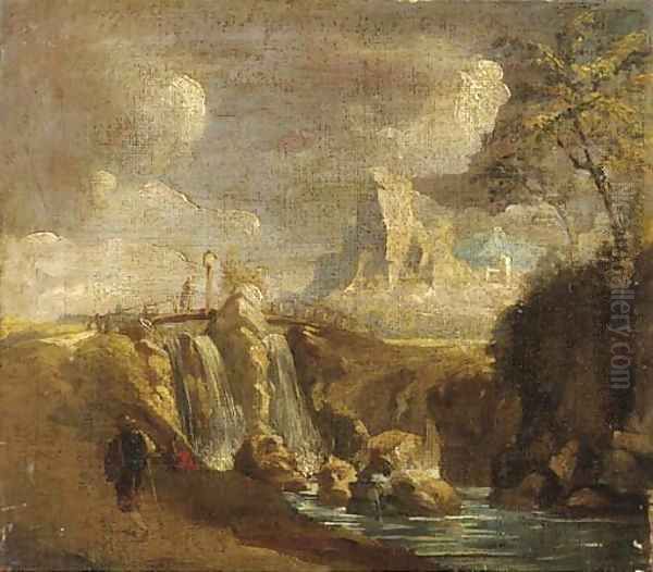 A rocky landscape with a waterfall and figures near a bridge Oil Painting by Giuseppe Zais