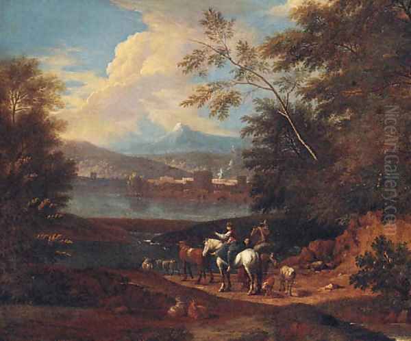 Drovers by a river, a town and mountains beyond Oil Painting by Giuseppe Zais