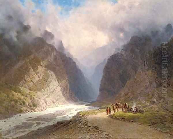 A mountainous landscape with travellers by a stream Oil Painting by Il'ia Nikolaevich Zankovskii