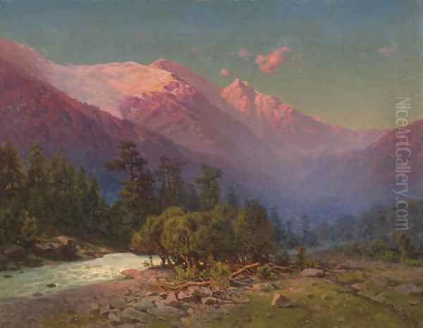 A stream running through snow-capped mountains Oil Painting by Il'ia Nikolaevich Zankovskii