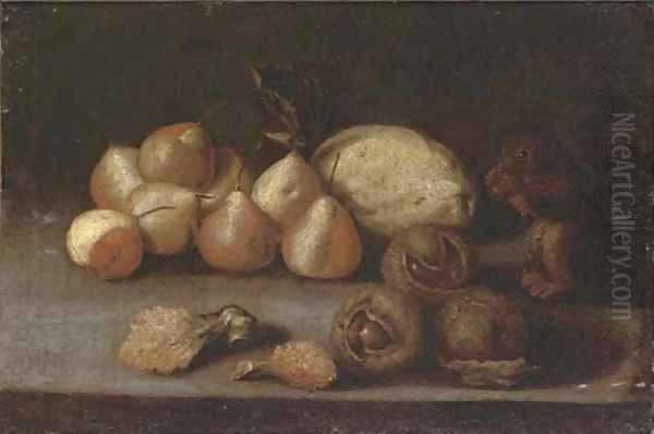 A squirrel, pears, a melon, lychees and chestnuts on a ledge Oil Painting by Juan de Zurbaran