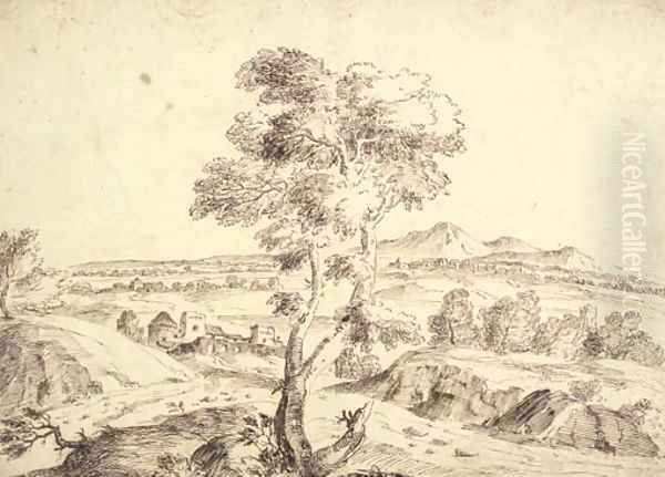 An extensive landscape with a tree in the foreground Oil Painting by Domenico Bernardo Zilotti