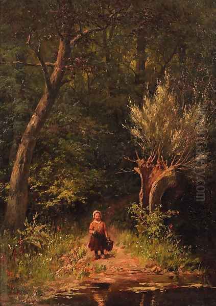 Little girl at a forest moor Oil Painting by Johann Georg Gerstenhauer Zimmerman