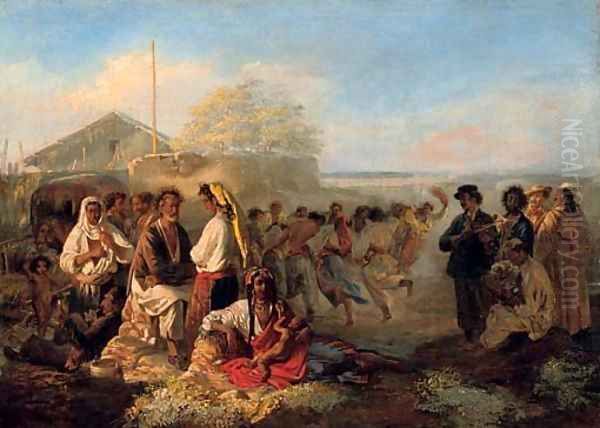 A gypsy encampment Oil Painting by Rudolf Kazimirovich Zhukovskii