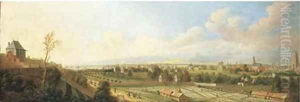 A panoramic view of Frankfurt am Main, with peasants bleaching linen Oil Painting by Johann Caspar Zehender