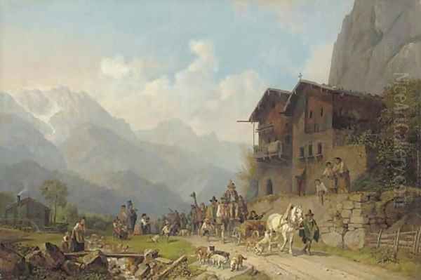 The Return from the Successful Bear Hunt Oil Painting by Heinrich Butrkel