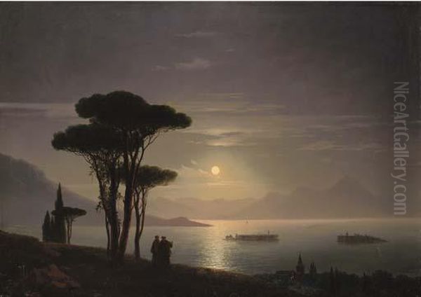 View Of Lake Maggiore And Isola Bella By Moonlight Oil Painting by Ivan Konstantinovich Aivazovsky