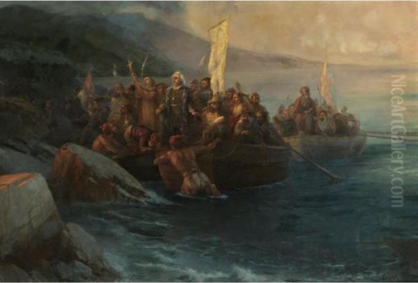 The Disembarkation Of 
Christopher Columbus, With Companions On Three Launches, On Friday 12th 
October 1492, At Sunrise, On An American Island Named San Salvador By 
Him On The Very Same Day Oil Painting by Ivan Konstantinovich Aivazovsky