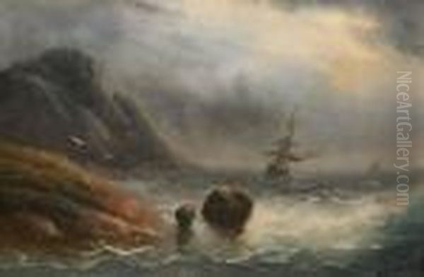 Ships In Storm Near Rocky Coast Oil Painting by Ivan Konstantinovich Aivazovsky