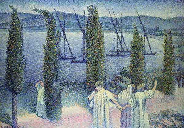 Coastal View with Cypress Trees, 1896 Oil Painting by Henri Edmond Cross