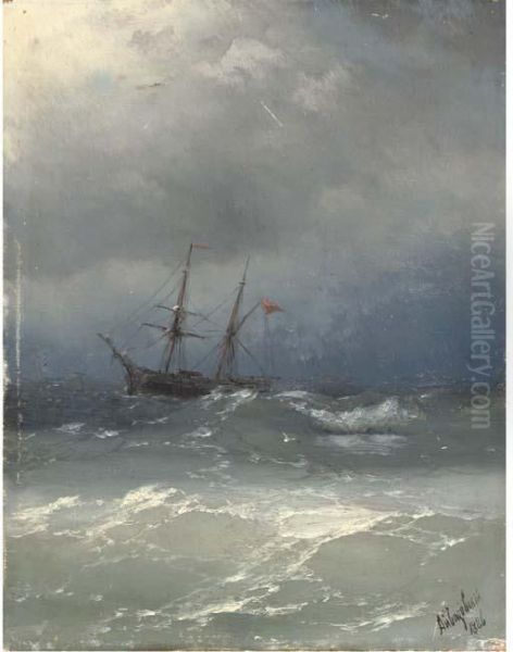 A Ship In Stormy Seas Oil Painting by Ivan Konstantinovich Aivazovsky