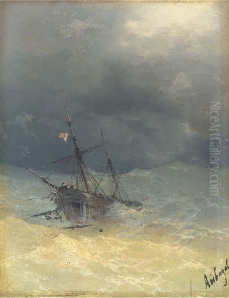 A Ship In Heavy Seas Oil Painting by Ivan Konstantinovich Aivazovsky