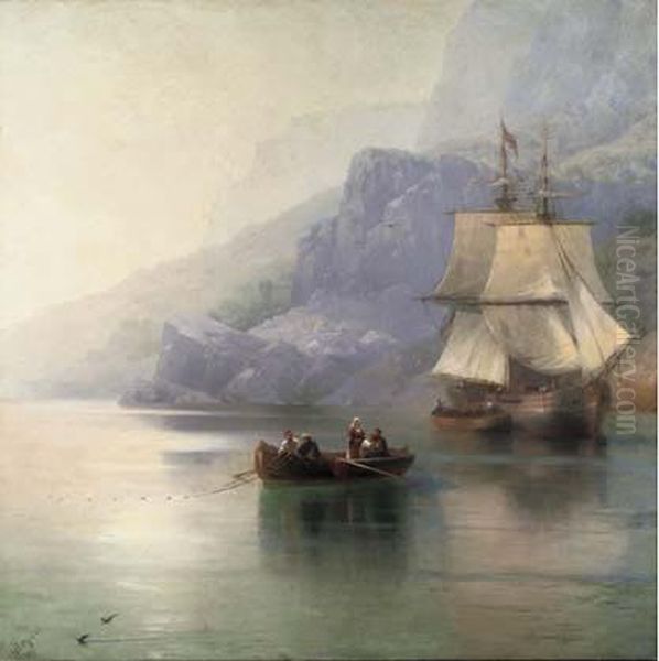 A Fishing Boat With A Russian Merchant Brig At Anchor Oil Painting by Ivan Konstantinovich Aivazovsky