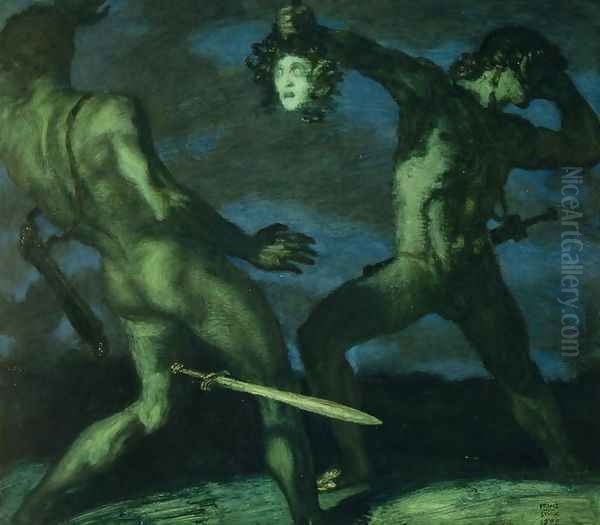 Perseus turns Phineus to stone by brandishing the head of Medusa, 1908 Oil Painting by Franz von Stuck