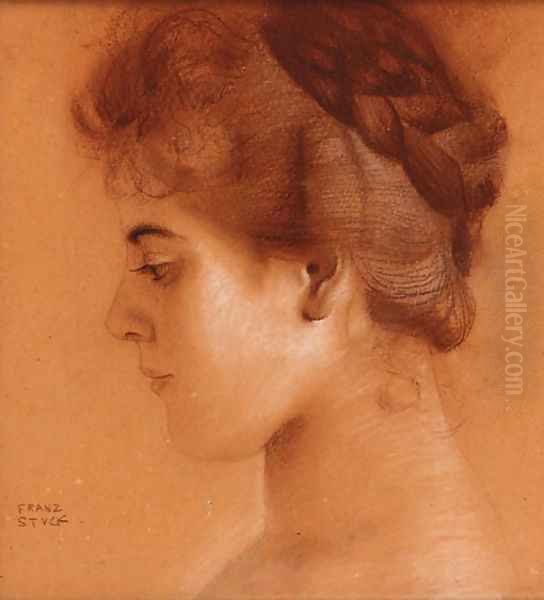 Head study of a young girl in profile Oil Painting by Franz von Stuck