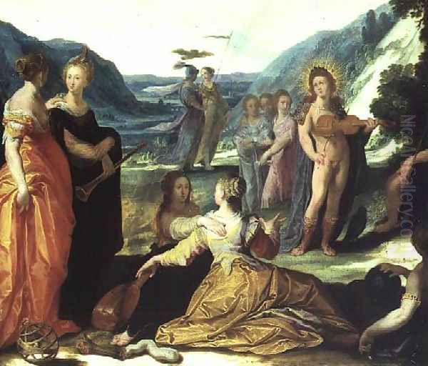 Apollo, Pallas and the Muses Oil Painting by Bartholomaeus Spranger