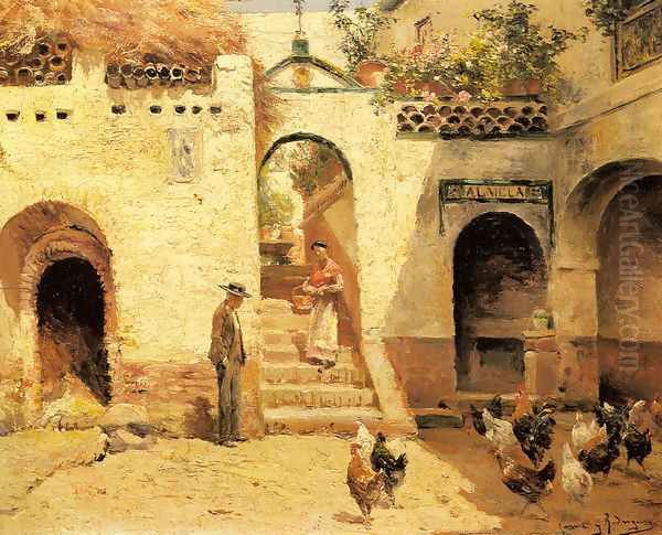 Feeding Poultry in a Courtyard Oil Painting by Manuel Garcia y Rodriguez