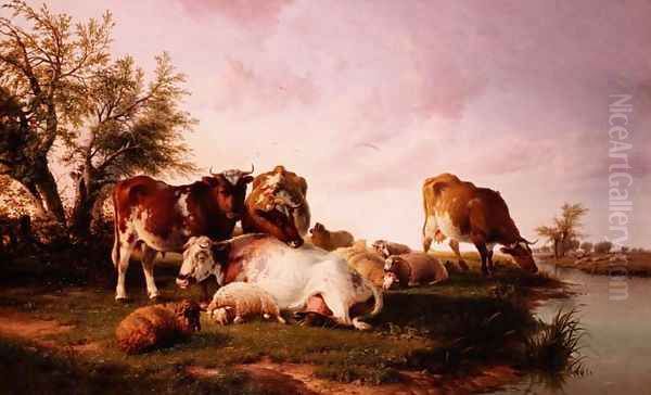 Sheep and Cattle Grazing by a Riverbank Oil Painting by Thomas Sidney Cooper