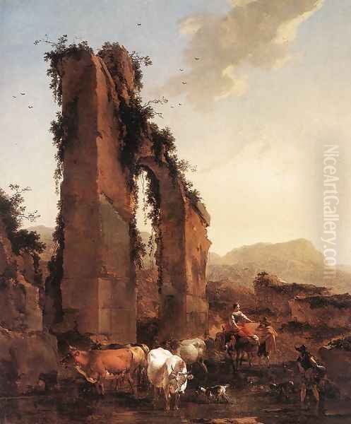 Peasants with Cattle by a Ruined Aqueduct c. 1658 Oil Painting by Nicolaes Berchem