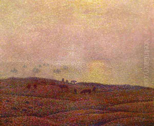 Cows in a Landscape Oil Painting by Theo van Rysselberghe