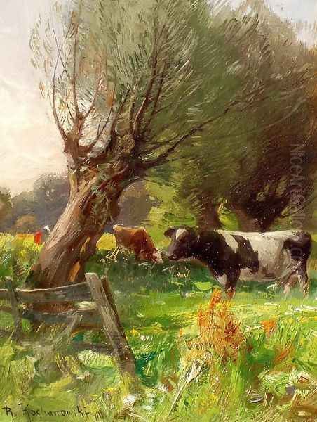 Grazing Cows Oil Painting by Roman Kochanowski