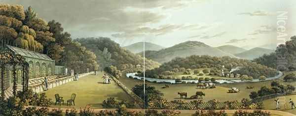 General View from the South and East Fronts of the Cottage at Endsleigh, Devon, After from Fragments on the Theory and Practice of Landscape Gardening, pub. 1816 Oil Painting by Humphry Repton