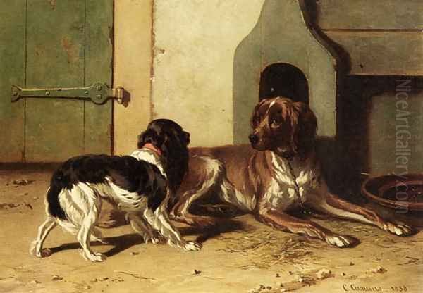 A King Charles Spaniel And A Drentse Partridge Dog Oil Painting by Conradyn Cunaeus