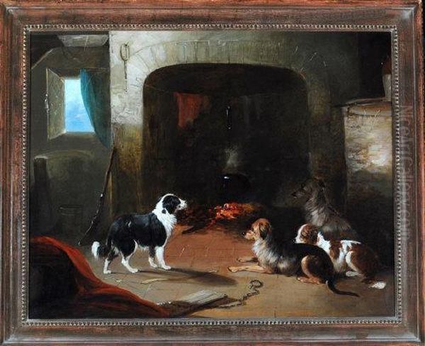 Four Gun Dogs At A Fireside Oil Painting by George Armfield