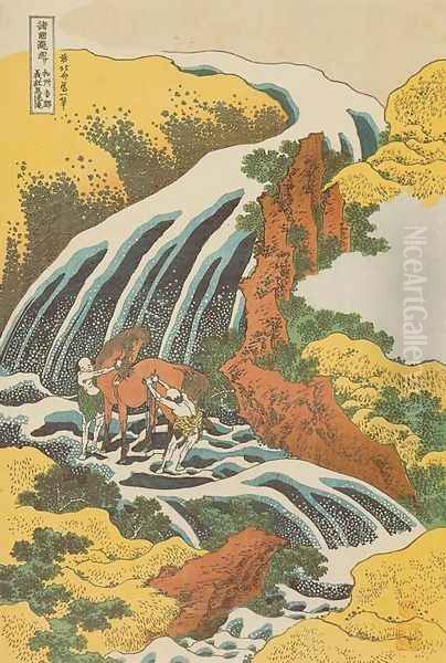 Waterfall where Yoshitsune Washed his Horse at Yoshino in Yamato Province (Washu Yoshino Yoshitsune uma arai no taki) Oil Painting by Katsushika Hokusai