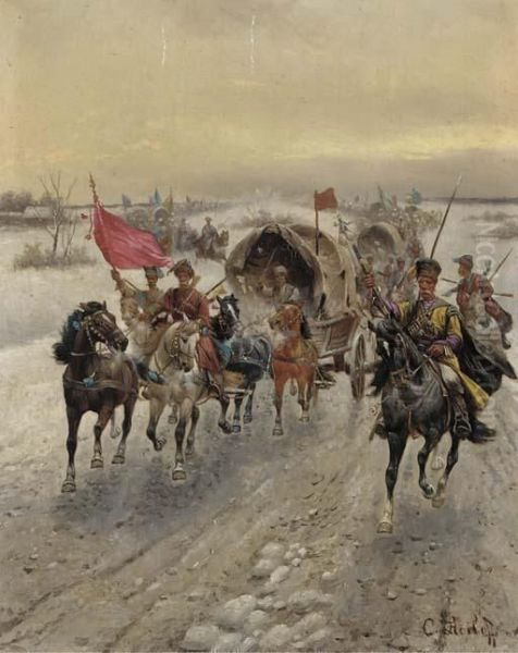 A Siberian Gold Convoy Oil Painting by Adolf Baumgartner