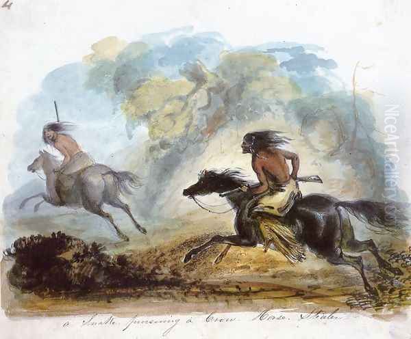 A Snake Pursuing a Crow Horse Stealer Oil Painting by Alfred Jacob Miller