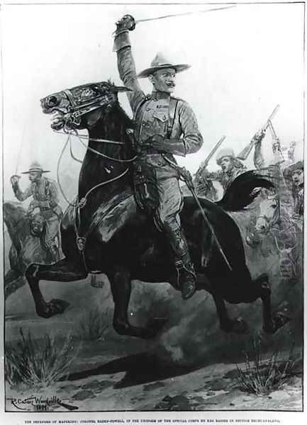 The Defender of Mafeking, Colonel Baden-Powell (1857-1941) in the uniform of the special corps he has raised in British Bechuanaland, 1899, engraved by Thomas Lascelles Oil Painting by Richard Caton Woodville