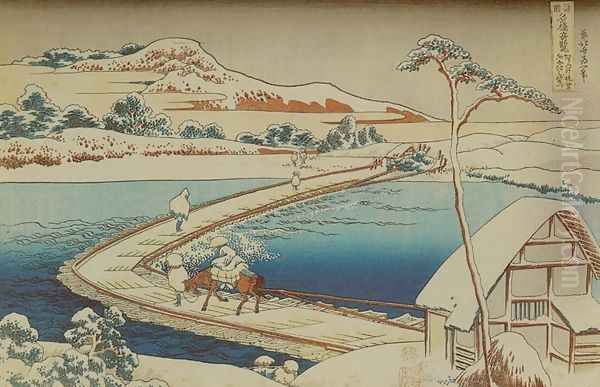 View of the Old Boat-Bridge at Sano in Kozuke Province (Kozuke Sano funabashi no kozu) Oil Painting by Katsushika Hokusai