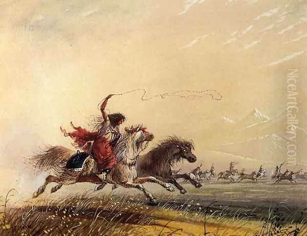 Shoshone Woman Throwing a Lasso Oil Painting by Alfred Jacob Miller