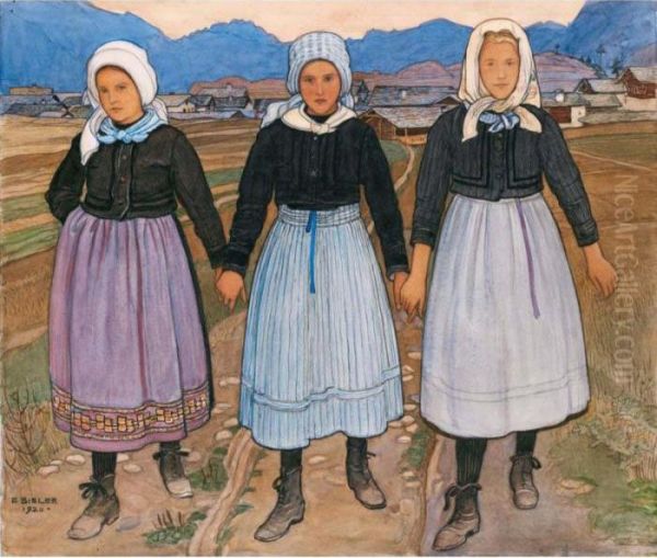 Trois Jeunes Filles Oil Painting by Ernest Bieler