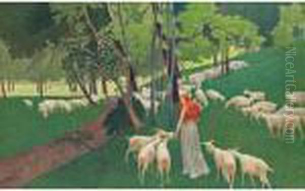 Goatherd With Her Flock Oil Painting by Ernest Bieler