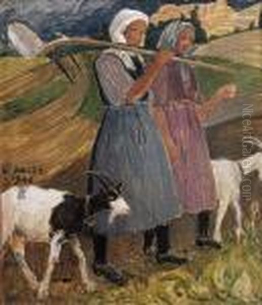 Bauerinnen Mit Ziegen Oil Painting by Ernest Bieler