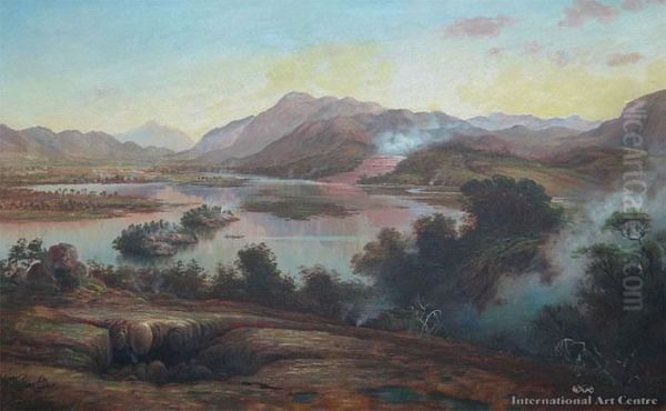 The Sleeping Geyser, Lake Rotomahana Oil Painting by Charles Blomfield