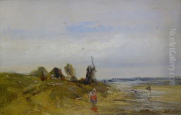 Woman In A Landscape With Windmill Beyond Oil Painting by Richard Parkes Bonington