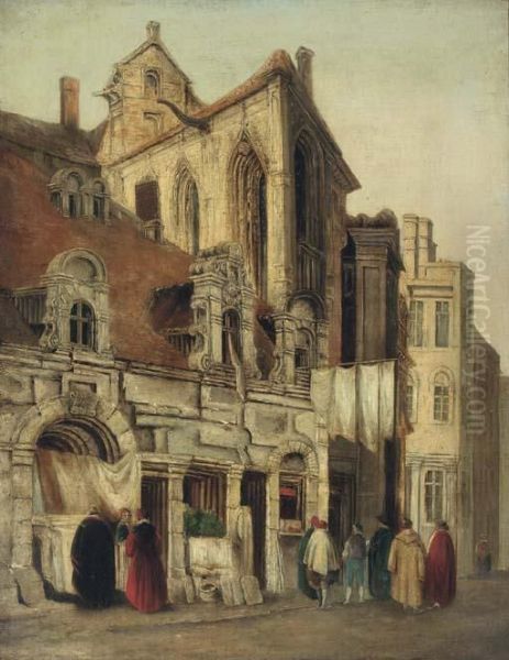 Figures Conversing Before A Gothic Church Oil Painting by Richard Parkes Bonington