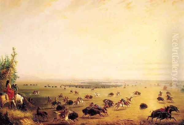 Surround of Buffalo by Indians Oil Painting by Alfred Jacob Miller