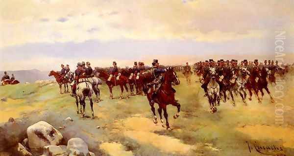 Soldiers On Horseback I Oil Painting by Jose Cusachs y Cusachs