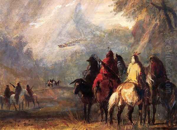 Caravan Passing a Mountain Gorge in a Storm Oil Painting by Alfred Jacob Miller