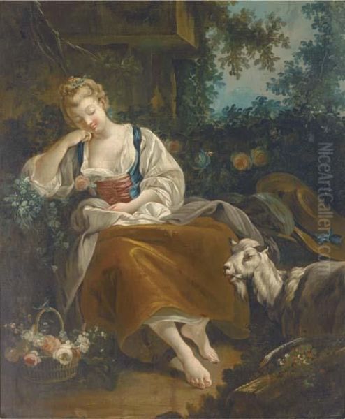 A Shepherdess Resting In A Wooded Clearing Oil Painting by Francois Boucher