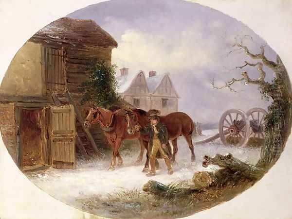 Boy leading horses to a barn in the snow Oil Painting by Thomas Smythe