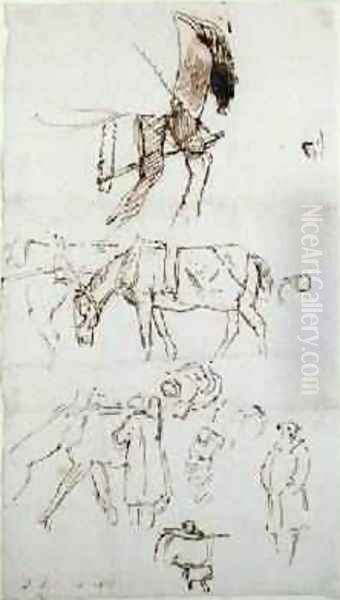 Studies of Horses Men and Carriages 1811 Oil Painting by John Linnell