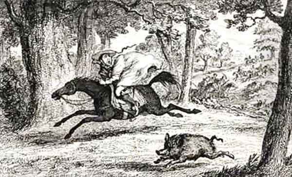 Cardinal Balue chasing a Boar Oil Painting by George Cruikshank I